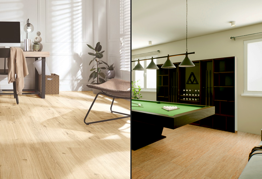 split image of  a home office space and an entertainment room with pool table